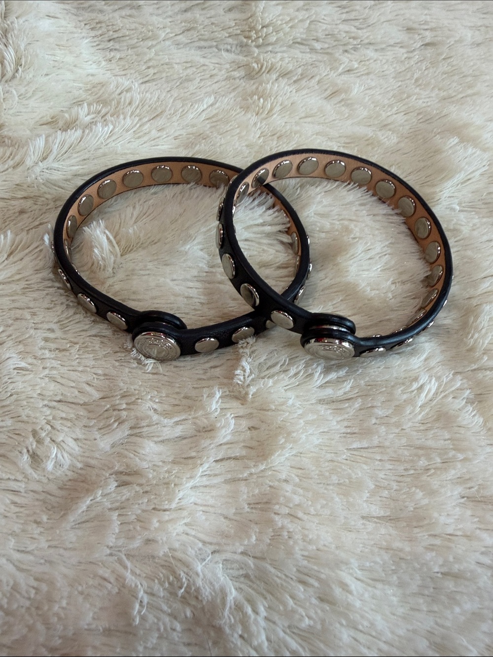Black Leather & Silver Button Bangle Bracelet - Women